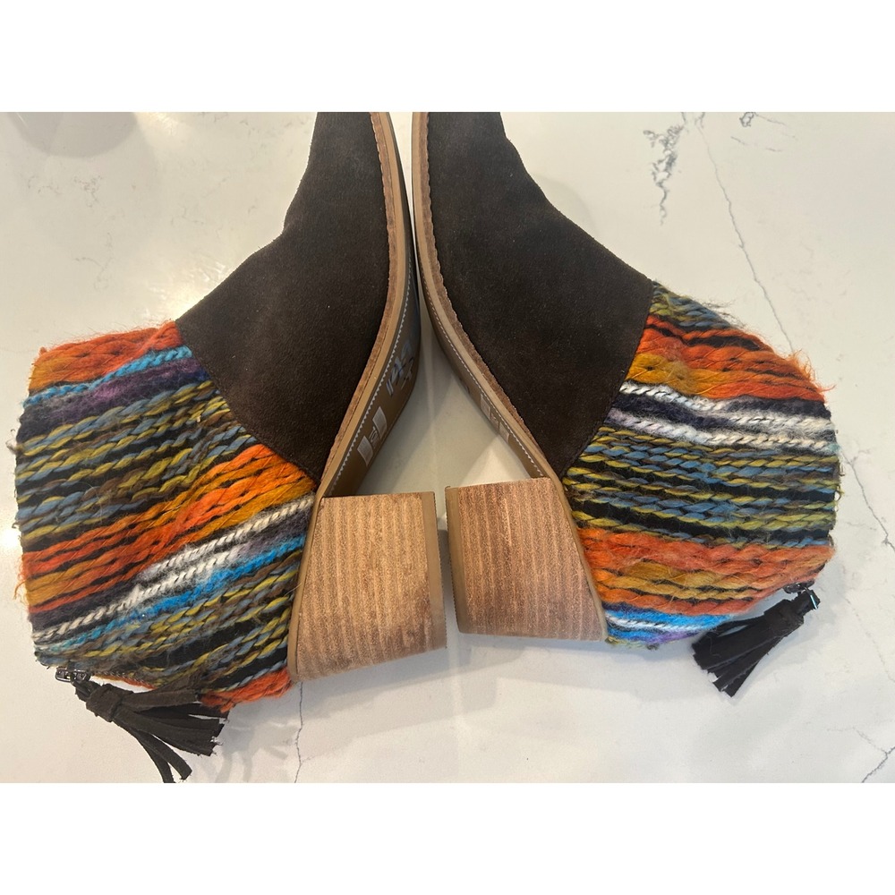 TOMS Ankle Booties Brown Suede Multi-Color Woven Tassel Zip Block Heel Boots - Picture 8 of 8